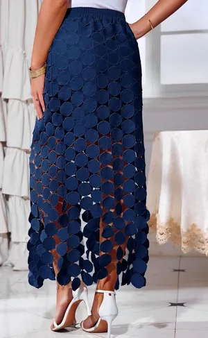 Hollow Out Maxi Skirts Summer High Waisted Boho Fringe Hem Long Skirt Midi Skirt thumbnail 1