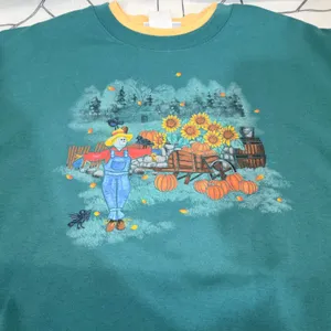 Country Store Sweatshirt Large Teal Green Autumn‎ Scarecrow Pumpkin Sunflower thumbnail 4