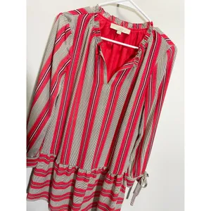 Loft Red White‎ Striped Drop Waist Mini Dress Long Sleeve Tie Cuff XS thumbnail 3