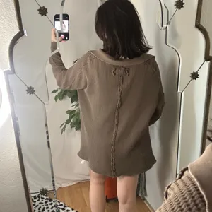 Free People Travis Oversized Green Waffle Knit Thermal Polo Military Olive thumbnail 2