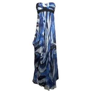 BCBGMAXAZRIA Blue Black Watercolor Silk Strapless Maxi Dress Sz 4 thumbnail 3