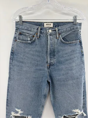 AGOLDE 90's Crop Mid-Rise light blue distress Loose Straight Jean denim size 28 thumbnail 3