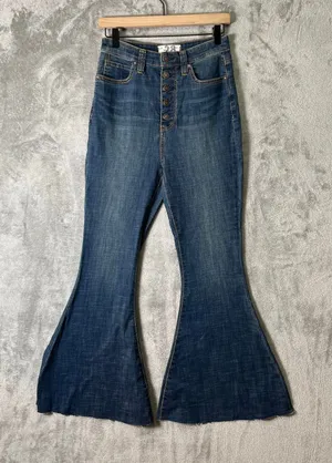 Free People High Rise Button Fly Flare Jeans‎ Boho Wide Leg Raw Hem 28 Rodeo 29” thumbnail 1