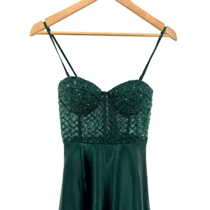 Lulus Going Glam Dark Green Sequin‎ Bustier Skater Dress Mini Party Medium Flaw thumbnail 2