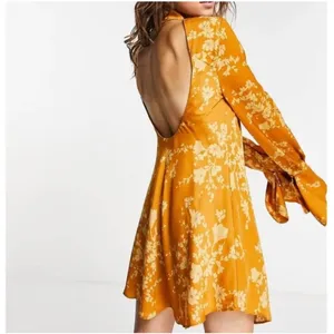 Free‎ People Aries Floral High Neck Open Back Gold Boho Mini Dress Size Small thumbnail 2