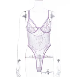 NWT Womens Floral Lace Sheer Bodysuit Lavender Romantic Lingerie Size S thumbnail 5