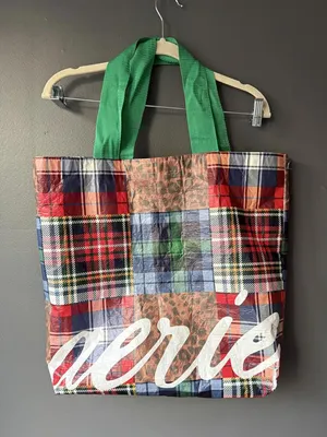 Aerie Patchwork Pattern Tote Bag with Green Handles thumbnail 1