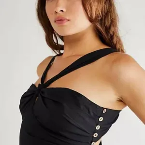 FREE PEOPLE Who Is She Ruched Cotton Button Down Black Dress thumbnail 2