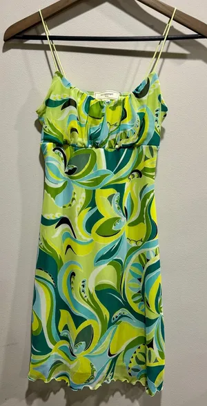 Vintage Y2K No Comment Green Abstract Swirl Mesh Lettuce Trim Mini Dress Small thumbnail 1