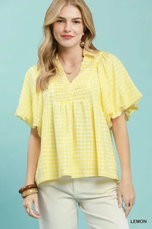 Umgee Smocked Yoke Puff Sleeve Gingham Blouse - Large - Lemon thumbnail 1