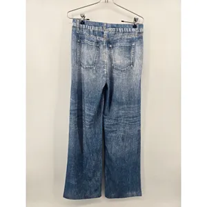 Mila Rosabella Pants Womens‎ M Blue Trompe L'oeil Faux Denim Print Wide Leg Knit thumbnail 5
