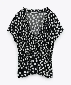 Zara plunging v neck black and‎ white polka dot print Top Size Medium thumbnail 1