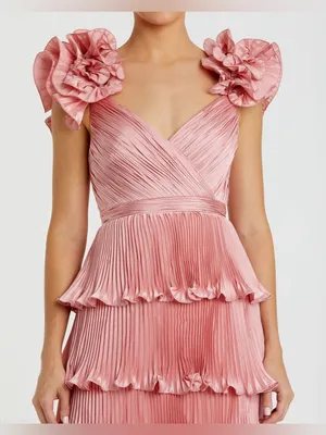 MAC DUGGAL Pink Pleated Charmeuse Tiered Gown With Ruffle Straps Size 8 thumbnail 2