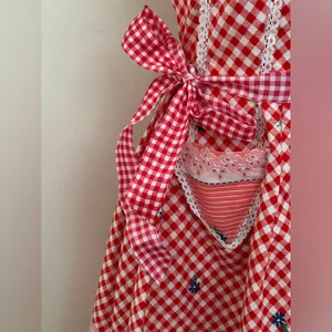 Red White Retro Gingham Checkered Lace Sleeveless Wing Hand Made Dress Sz S thumbnail 8
