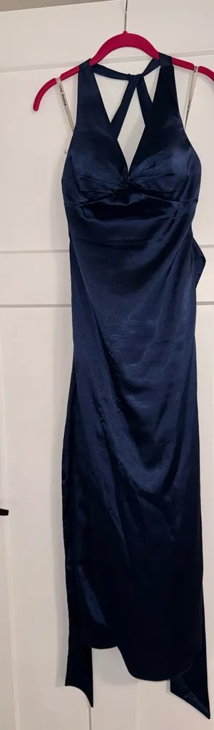 Ink Blue halter satin bridesmaid/Prom dress thumbnail 1