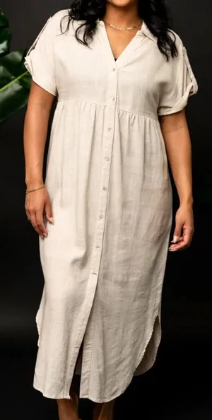 Tan Smocked Linen Blend Maxi Sundress thumbnail 1