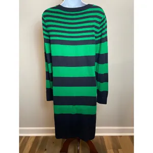 Banana Republic Navy Green Striped Sweater Dress Long Sleeve Cotton Size L thumbnail 3