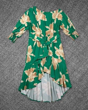 Green Floral Long Sleeve Hi Low Midi Dress With Waist Tie thumbnail 1