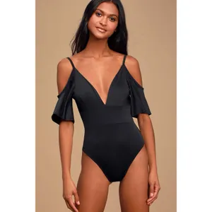 Lulus‎ Slay It With Me Black Off Shoulder Bodysuit XS Flutter Sleeve Sexy Chic thumbnail 2