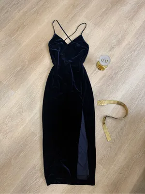 Bardot Navy Blue Velvet Midi Dress, Open Back Evening Dress with High Slit XS thumbnail 4