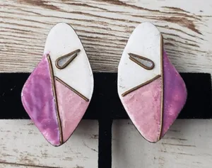 Vintage Clip On Earrings - Unusual & Artistic Pink & Purple 1.5" thumbnail 1