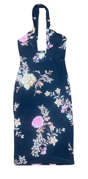 Missguided Navy Blue Floral Sleeveless Halter Midi Dress Women's Size US 8 thumbnail 1