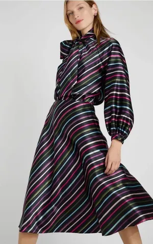kate spade Black Satin Tie-Neck Blouse with Pink, Green, Blue and White Stripes thumbnail 1