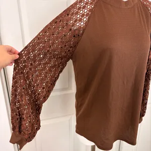 Miholl brown lace long sleeve waffle-knit top thumbnail 4