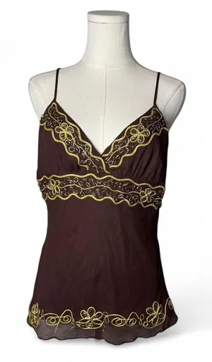 NEW Vintage Chocolate Brown 100% Silk Gold Embroidered Babydoll Top Deadstock thumbnail 1