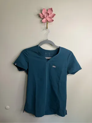 Figs Women’s Teal V-Neck Scrub Top with Navy Pants thumbnail 2