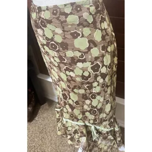 Allison Taylor Silk Floral Midi Skirt Brown Green Ruffle Hem Y2K Whimsigoth L thumbnail 2