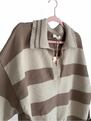 Entro Striped Collared Pullover Sweater Beige & Brown Polo Collar Knit Top Sz L thumbnail 3
