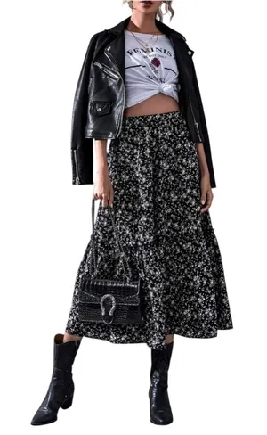 Catch Stitch Floral Print High Waist Frill A Line Flared Long Black Skirt M thumbnail 1