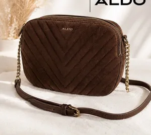 ALDO Women’s Brown Quilted Chevron Crossbody Bag Gold Chain Double Zip Strap thumbnail 1