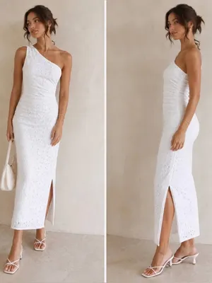 Zara White One Shoulder Eyelet Midi Dress Size XS 100% Cotton Coastal Beach thumbnail 2