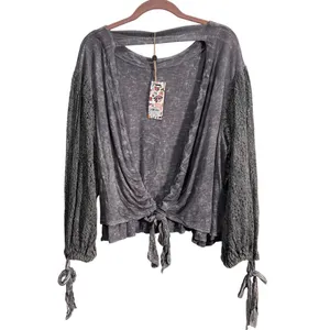 Gimmicks by BKE FAB! Embroidered Mesh Boho Open Tie Festive Top in Gray L With Tags thumbnail 3