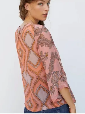 Anthropologie Ignacia Sheer Sequined Blouse Coral Gold Boho Top thumbnail 2