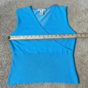 Y2K Poppy by NSD Preppy Babydoll Blue‎ Silk Cotton Blend Faux Wrap Knit Top L thumbnail 3