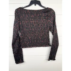 Open Edit Black Brown Ruche Smocked Long Sleeve Scoop Neck Crop Top Sz S thumbnail 3