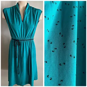 Vintage 70s Teal Mod Dress Abstract Print Cinched Waist Small thumbnail 2