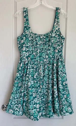 Band of‎ the Free Anthropologie Teal Floral Smocked Mini Dress Boho L thumbnail 1