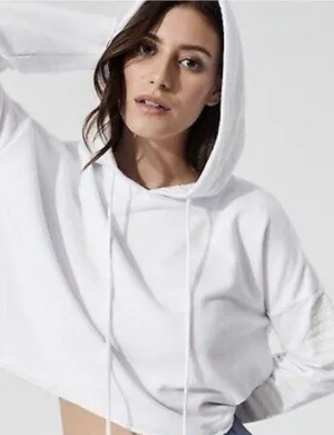 NWT Alo Yoga Box Crop Hoodie Sweatshirt in White Beaded Sleeve M thumbnail 1