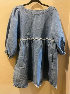 Shop Stevie | Long Sleeve Denim Puff Sleeve Distressed Dress thumbnail 1