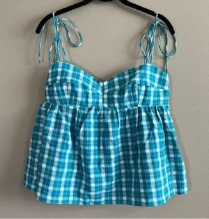 ✨ Amanda Uprichard Women’s Blue White Gingham Tank Top Large thumbnail 1