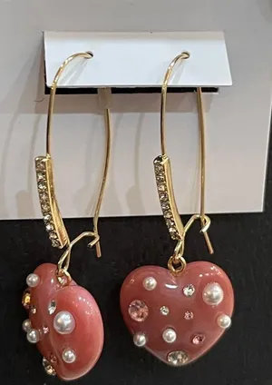 Betsey Johnson Pink Marble Hearts Rhinestones & Mini-Pearls French Hook thumbnail 1