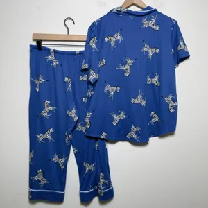 Room Service Womens Pajama Set Large Blue Zebra Print Short Sleeve Crop Pants thumbnail 8