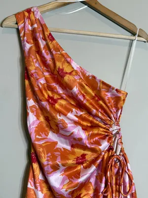 Hello Molly Loving That Girl Mini Dress Women's Small Orange Floral One Shoulder thumbnail 9