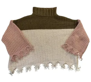 POL Sweater Womens Small Brown Pink Colorblock Fringe Mock Neck‎ MST127 Boho thumbnail 1
