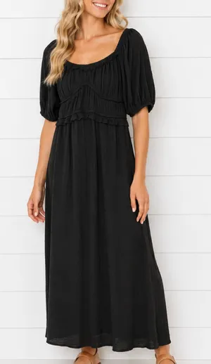 DRA Los Angelos black smocked bust puff sleeve dress M thumbnail 1