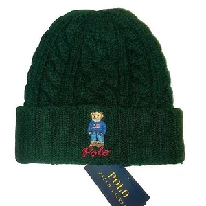 RALPH LAUREN Green Cable Knit Hat w/ Bear Wearing American Flag Sweater O/S NWT thumbnail 1